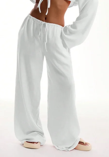 Premium White Broadcloth Wide Leg Trousers with Drawstring