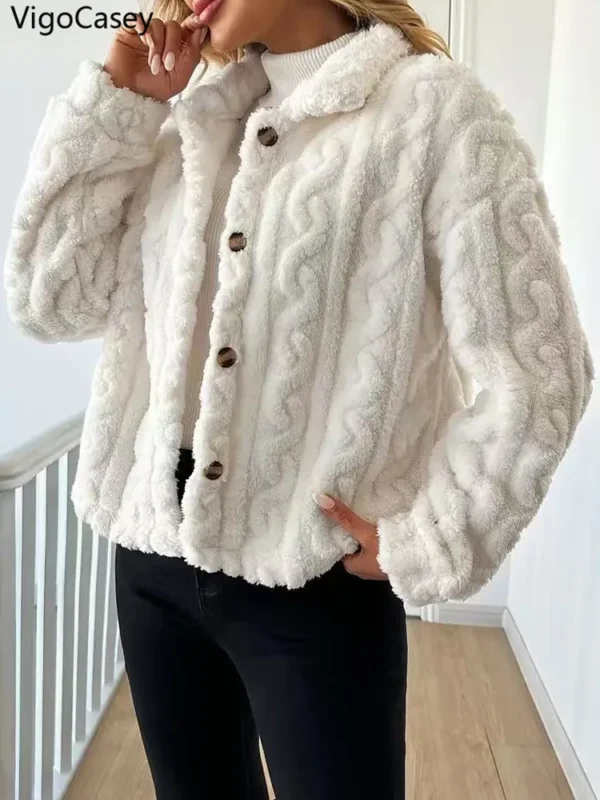 VigoCasey  Women Autumn Long Sleeve Jacket White Single Breasted Thick Plush Warm Coat Winter Loose Cardigan Soft Lady Coat