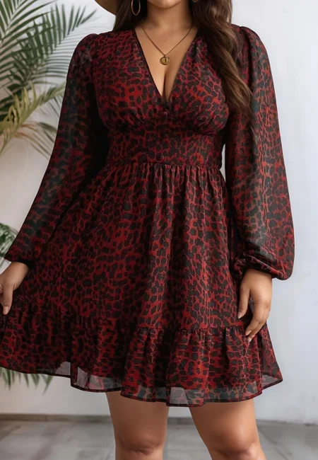 Plus Size Sheer Jaguar Print Long Sleeve Dress for Elegance