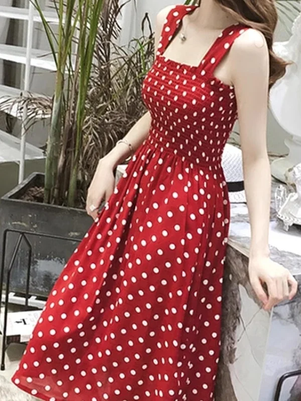 Women Summer Sleeveless Dot Dress  Backless A-Line Spaghetti Strap Beach Style Dresses Camisole Off-Shoulder Folds Vestidos