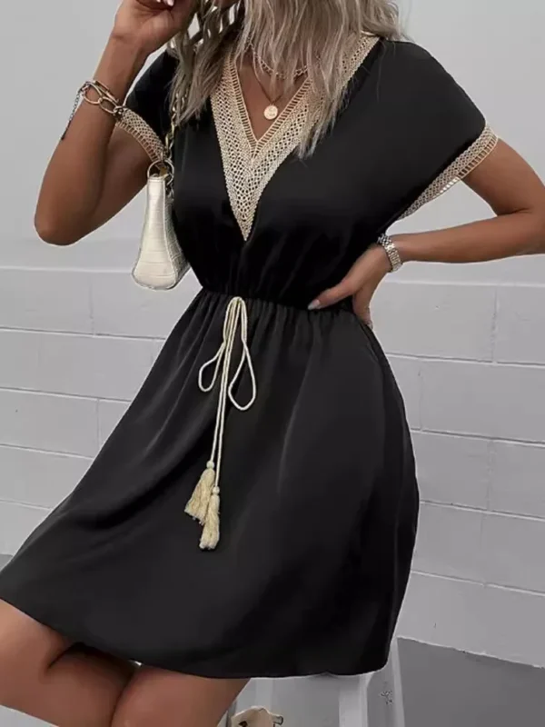 Elegant Women's White Dresses  Summer Solid Short Sleeve Lace V-Neck Waistband Female Beach Midi Dress S-XXXL