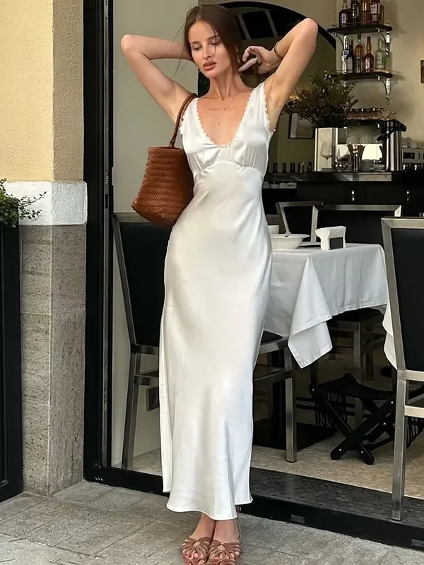 Sophisticated Satin Deep V-Neck Dress for Elegant Occasions