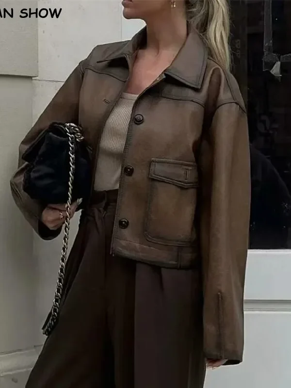 Vintage Gradient Brown PU Leather Jacket for Chic Winter Style