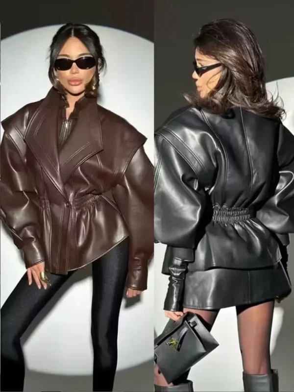 Chic Women's PU Leather Jacket with Puff Sleeves - Fall Essential