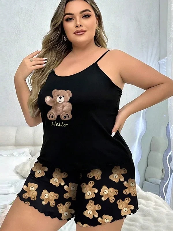Charming Plus-Size Pajama Set: Heart Cartoon Halter & Shorts