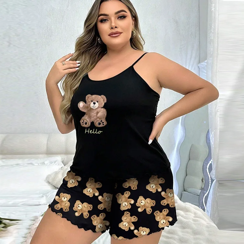 Kf-S9D87B679180A4C7785Fa7E780C224E98O Charming Plus-Size Pajama Set: Heart Cartoon Halter &Amp;Amp; Shorts