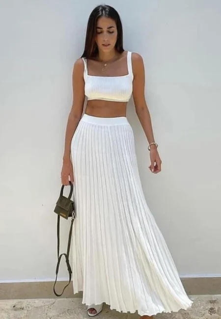 Elegant Knitted Crop Top Maxi Skirt Set Summer Resort Wear