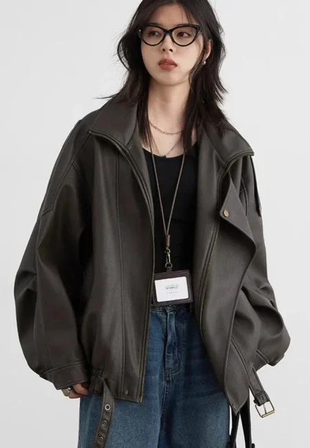 Sophisticated Faux Leather Jacket Women Turn-Down Collar Fall