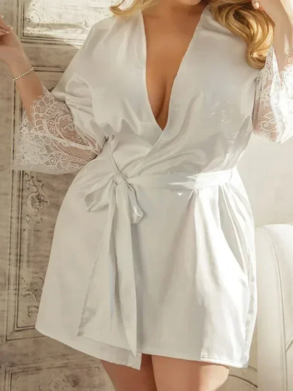 Elegant Plus Size 3 XL Satin Bathrobe with Lace Accents