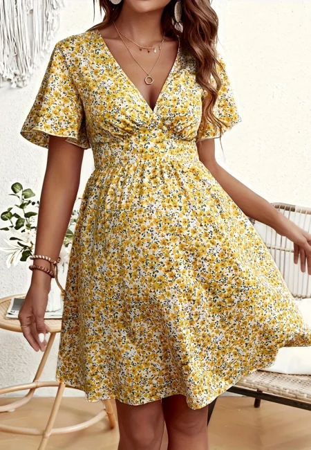 Yellow Fragmented Floral V-Neck Summer Dress XL-5 XL Prairie