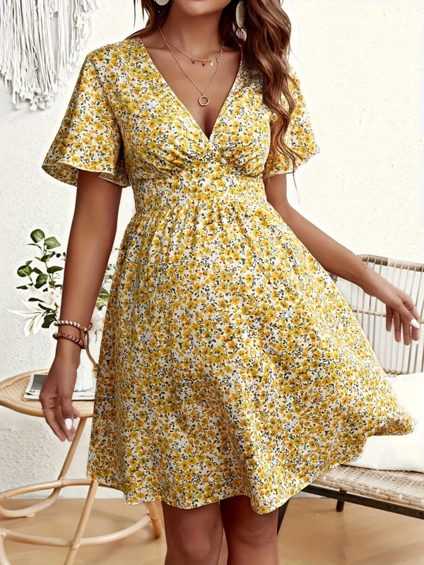 Yellow Fragmented Floral V-Neck Summer Dress XL-5 XL Prairie