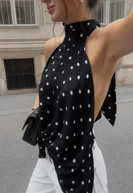Stunning Black Polka Dot Halter Top - Open Back Summer Blouse