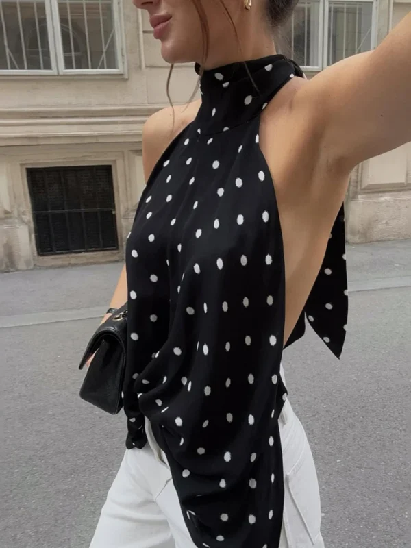 Halter Top Women Summer Off Shoulder Loose Sleeveless Polka Dot Shirt Sweet Casual Tops Chic Irregular Open Back Top