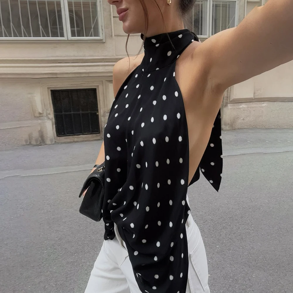 kf-Sa30c7ab0d2584f988180064eb40e1c40n Stunning Black Polka Dot Halter Top - Open Back Summer Blouse