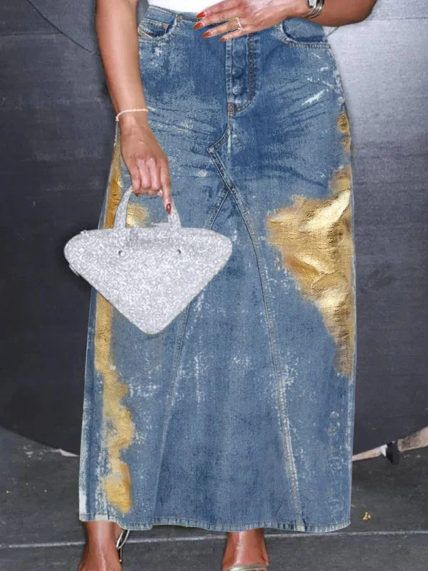 Metallic Blue Denim Skirt High Waist Distressed Split Hem XL-4 XL