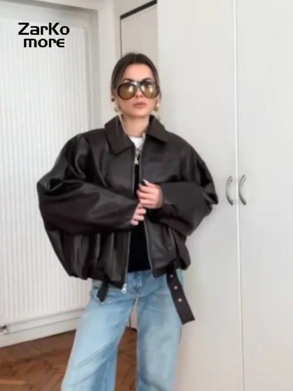 Chic Faux Leather Short Jacket with Metal Buckle for Women