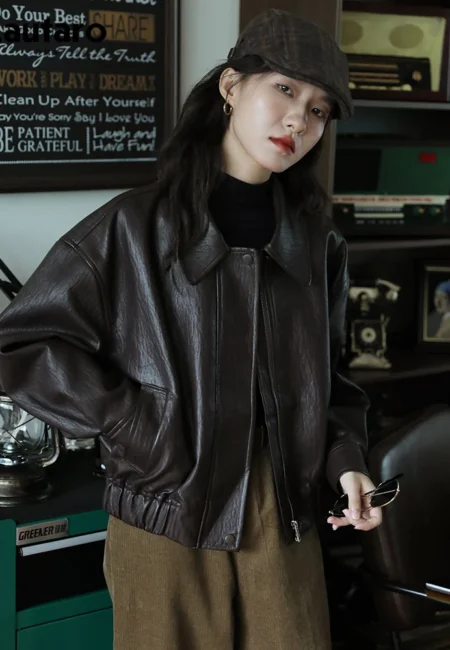 Lautaro Brown Faux Leather Jacket Drop Shoulder Style Women