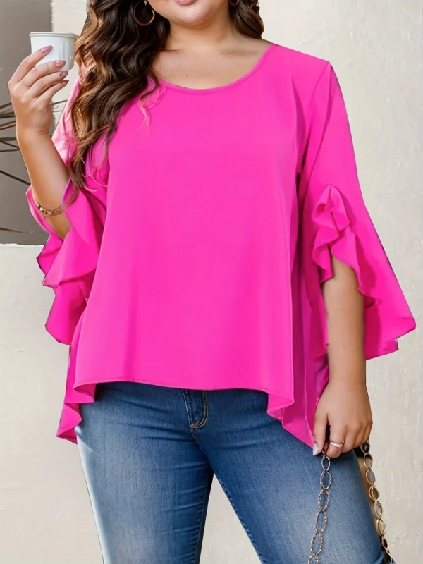 Soft Pink Ruffle Sleeve Top for Plus Size Casual Elegance