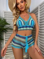 Vibrant Rainbow Crochet Bikini Set: Chic Off-Shoulder Swimwear