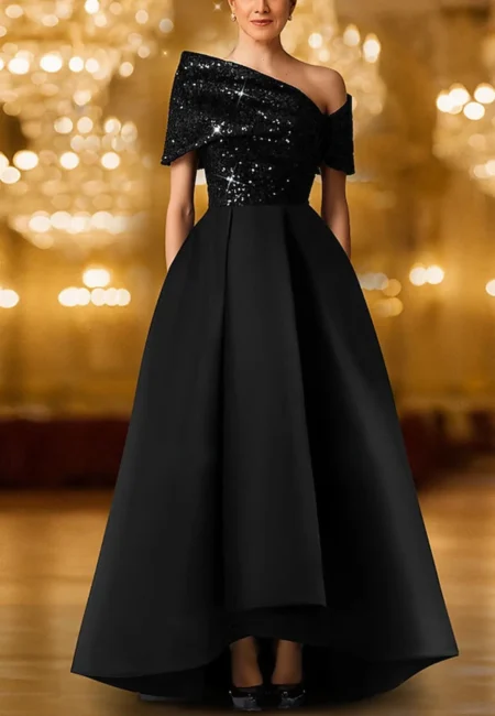 Stunning Off-Shoulder Sequined Satin Gown - Custom Fit Available
