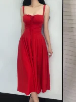 Elegant Red Midi Dress with Square Neck & High Waist Design - Image 3