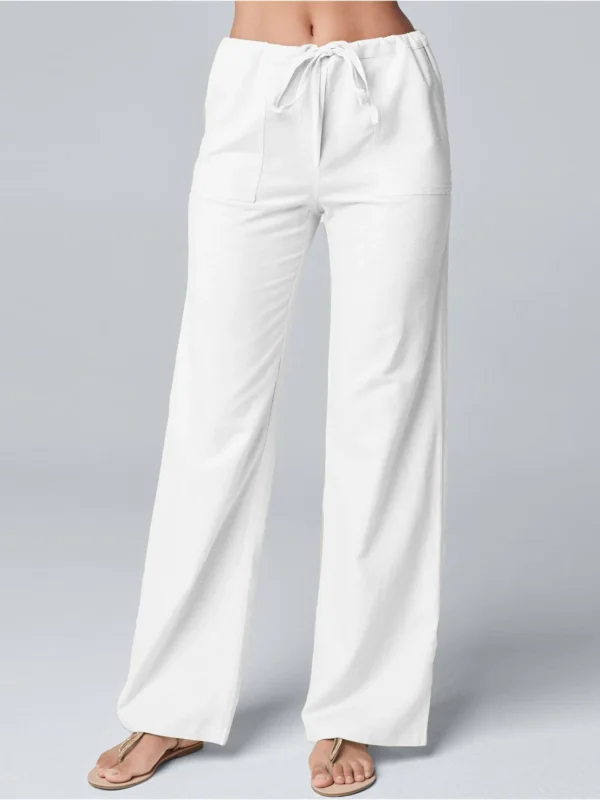 Women Cotton Linen Pants Solid Color Elastic Loose Drawstring Wide-Leg High Waist Trousers Female Stretch Straight Casual Pants