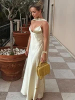 Elegant Backless Satin Dress for Summer Evenings - V-Neck Style - Image 4