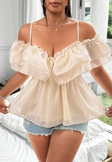Effortless Elegant Plus Size Mesh Tie Shirt in Apricot