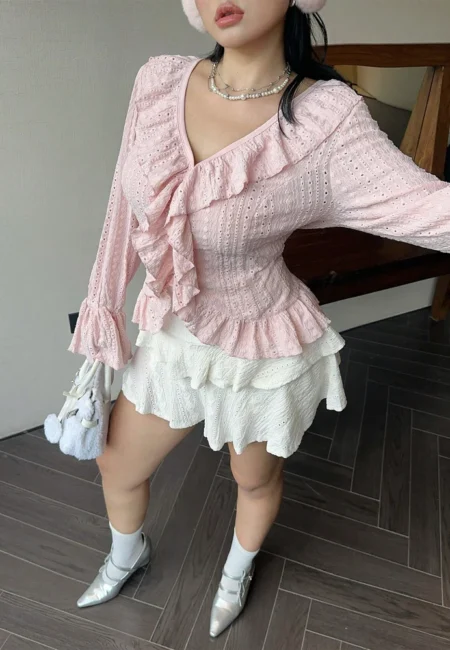 Plus Size Pink V-Neck Blouse with Ruffle Flared Sleeves