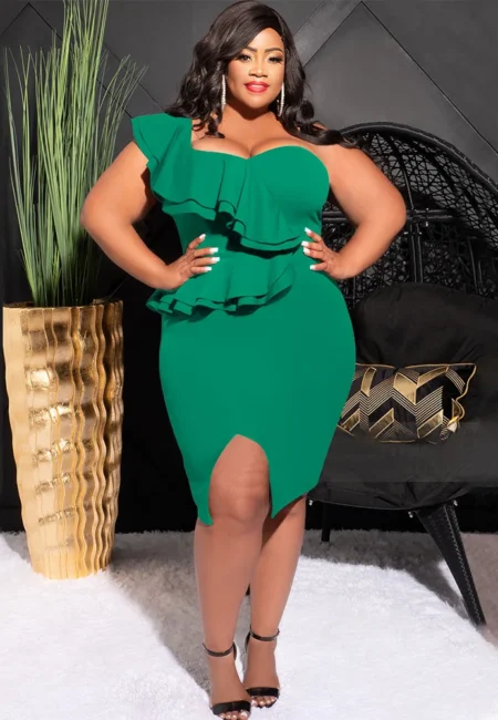Plus Size Ruffled Shoulder Bodycon Midi Dress for Parties