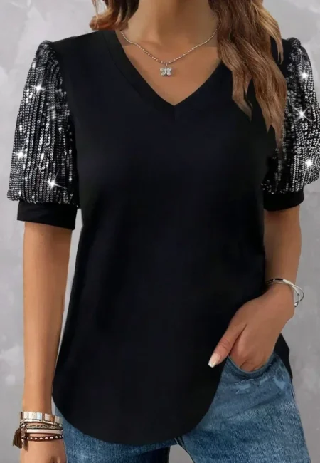Plus Size Color Block Sequin T-Shirt with Lantern Sleeves