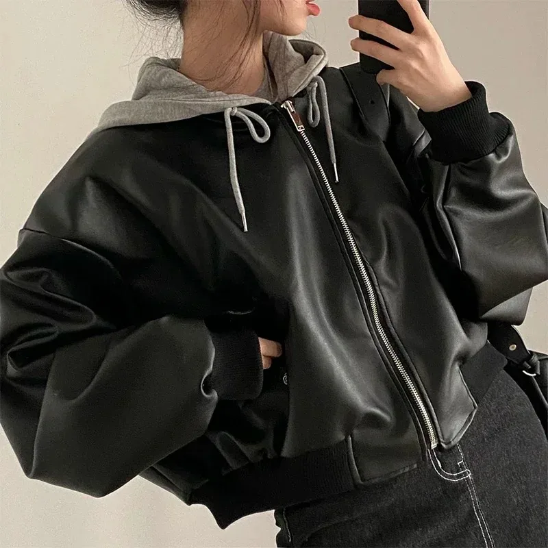 kf-Sd3025a0d81824e8ca67bfe22c16b7eccK Trendy Hooded Faux Leather Jacket Women Korean Style Loose Fit