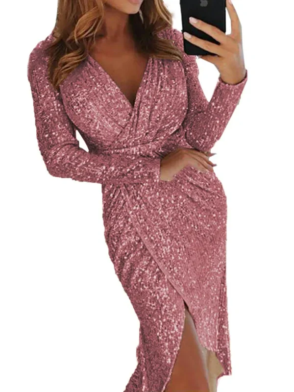 Elegant Gold Plated Long Sleeve V-Neck Dress for All Occasions