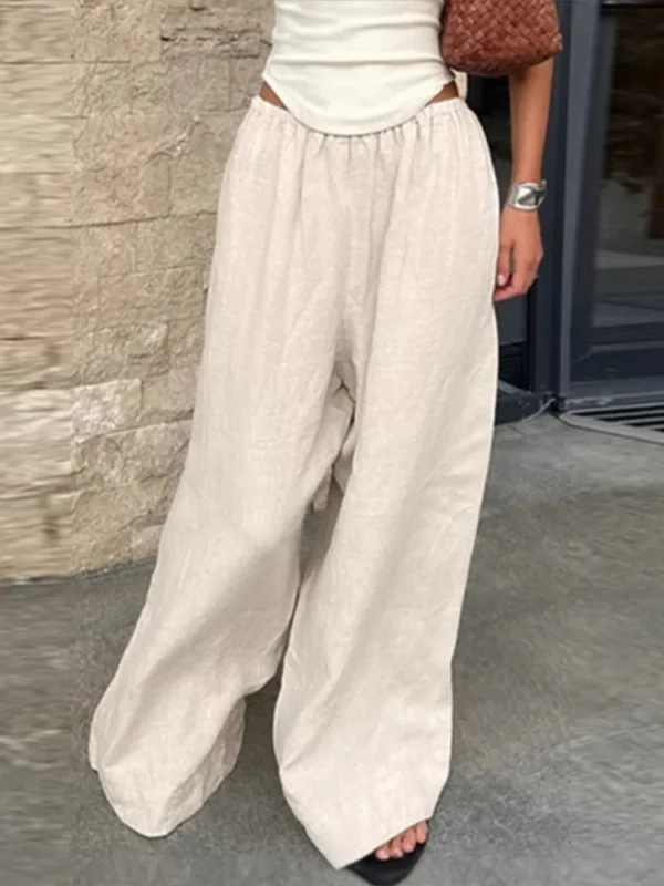 Cotton Linen Loose Women's Pant Elastic Waist Pleated Casual Female Wide Leg Trousers  Summer Solid Vacation Lady Pant
