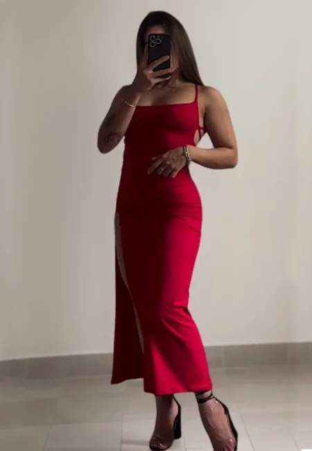 Elegant Halter Ankle Dress - Red & Black Polyester Summer Formal