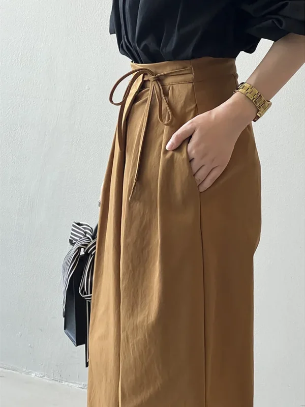 Asymmetric Design High Waist Wide Leg Pants Women's Autumn  Straight Cut Casual Trousers Side Button Detailing