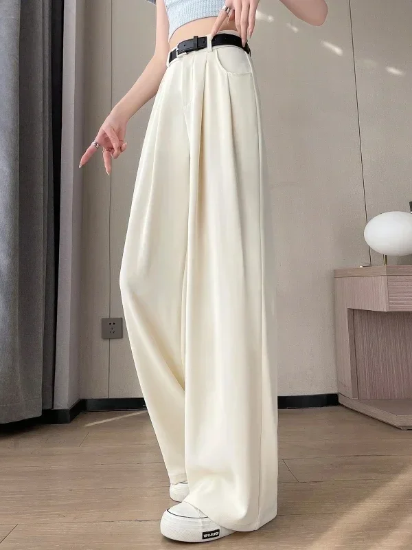 New Spring Summer Casual Loose Women's Wide Leg Full Length Pants High Waist Solid Female Elegant Straight Trousers
