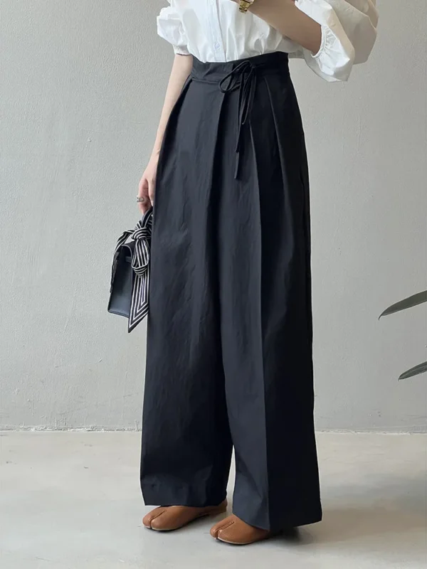 Asymmetric Design High Waist Wide Leg Pants Women's Autumn  Straight Cut Casual Trousers Side Button Detailing