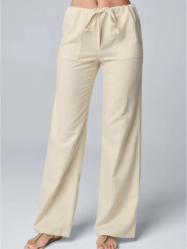 Women Cotton Linen Pants Solid Color Elastic Loose Drawstring Wide-Leg High Waist Trousers Female Stretch Straight Casual Pants