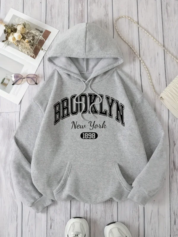 Brooklyn New York 1898 Hoodie Sweatshirt - Casual Polyester Hooded Pullover with Drawstring Alphabet Pattern