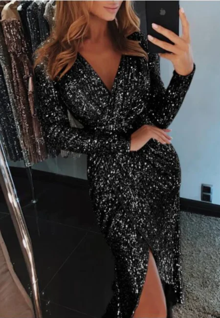 Elegant Gold Plated Long Sleeve V-Neck Dress for All Occasions