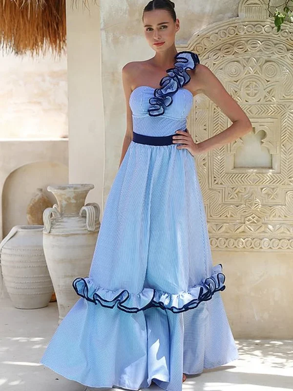 Luxe One Shoulder Ruffle Stripe Monokini Set with Skirt