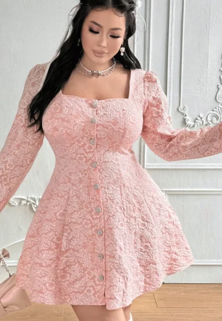 Elegant Plus Size Long Skirt with Puff Sleeves in Soft Pink