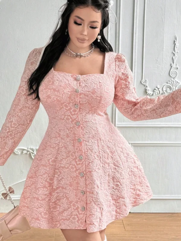 Elegant Plus Size Long Skirt with Puff Sleeves in Soft Pink