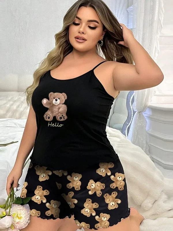 Charming Plus-Size Pajama Set: Heart Cartoon Halter & Shorts
