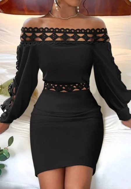 Sophisticated Black Lace Patchwork Autumn Wrap Dress