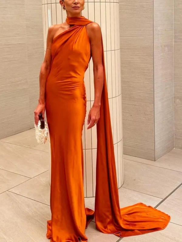 Elegant Summer Satin Maxi Dress - Halter Backless Gown