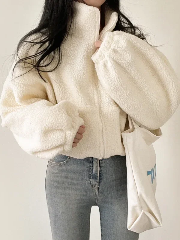 Women's Winter Autumn Fleece-lined Thickened Stand Collar Short Sweatshirt Loose-fit Idle Style Cardigan Zip-up Jacket