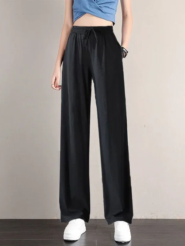 1pcs Summer Women Ice Silk Pant Female High Elastic Waist Drawstring Pocket Loose Straight Trousers Student Sports Straight Pant