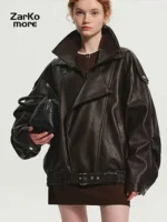 Chic Faux Leather Short Jacket with Metal Buckle for Women - Image 3